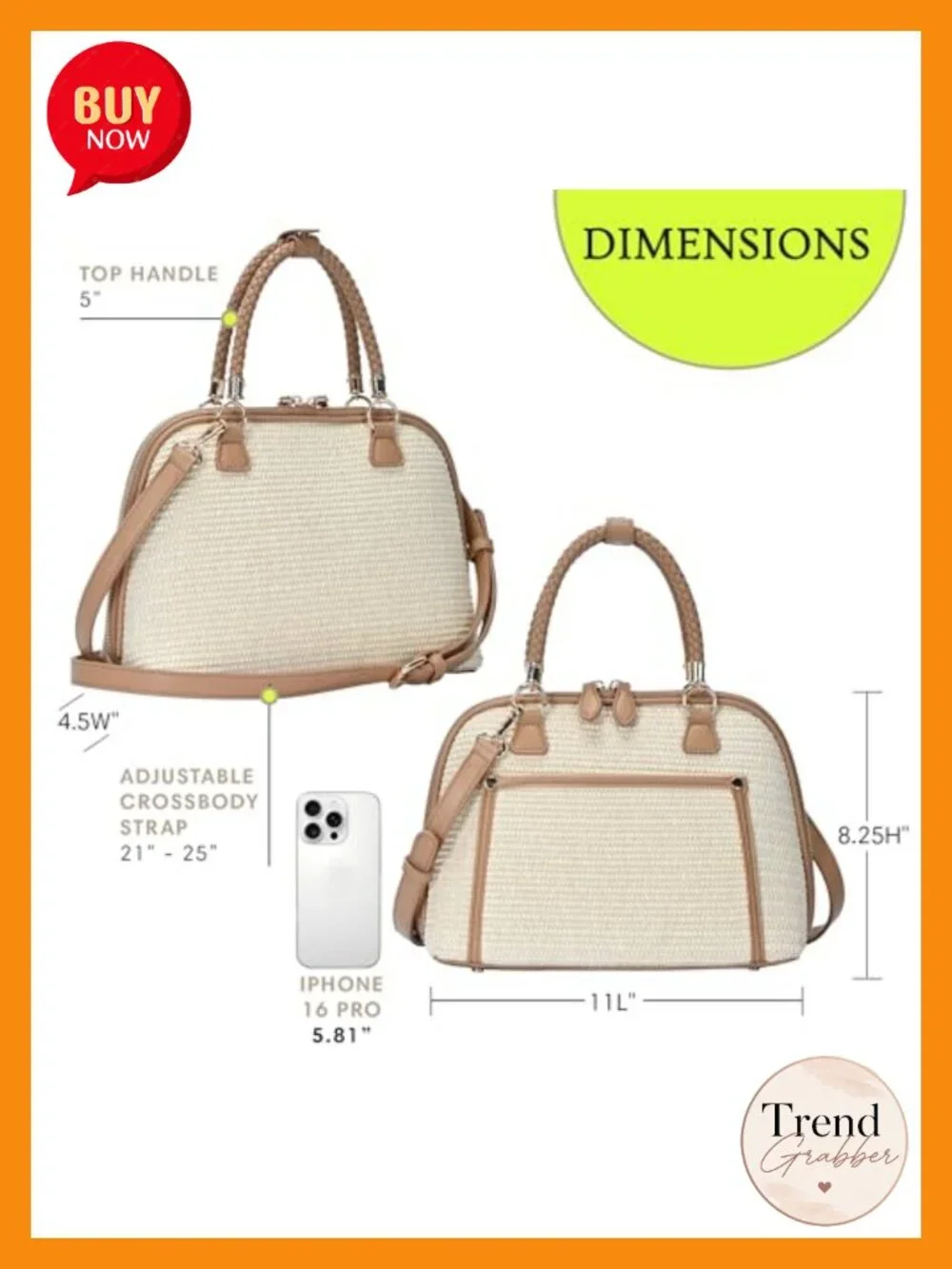 Vegan Leather, Canvas or Straw Satchel Handbag with Crossbody Strap